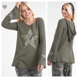 Olive Waffle Knit Hoodie w/Camo Stars